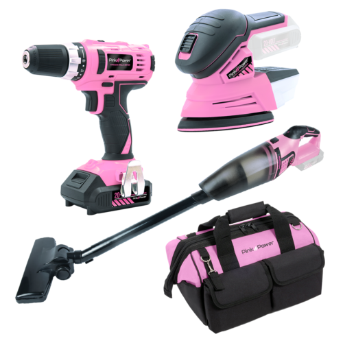 Pink Power 20V Electric Cordless Drill Driver, Sander, Vacuum Cleaner & Tool Bag