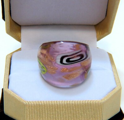 Boho Art Purple & abstract Floral theme Hand Blown Glass Bling Ring size 7.75