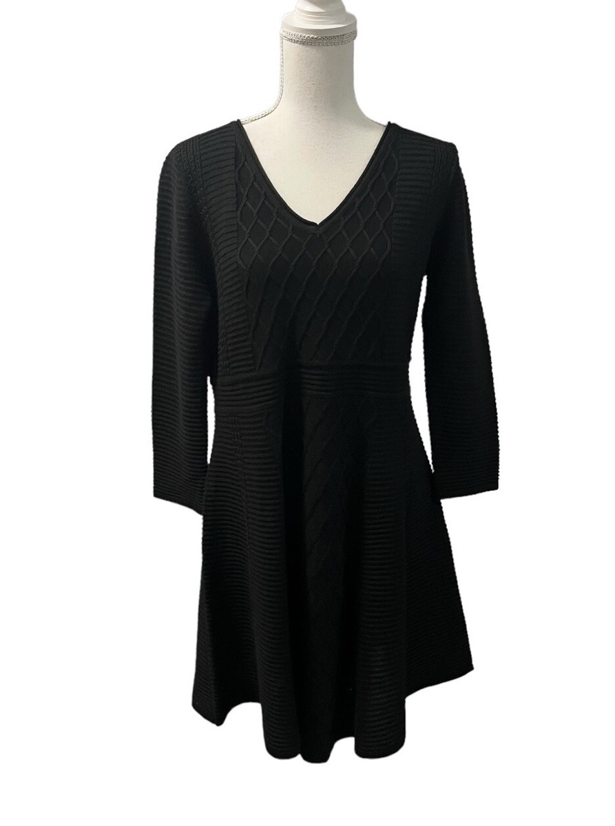 Marc New York Andrew Marc Black LS Textured Ribbed Knit Fit & Flare Dress  Sz L