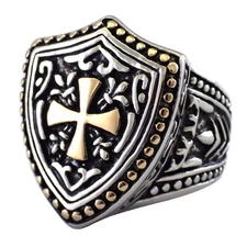 Knights Templar Ring Stainless Steel LARP Cosplay Shield Cross Band Sizes 8-15