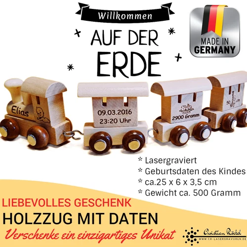 Personalisiertes Geschenk zur Geburt oder Taufe – Einzigartig Holzzug mit Gravur