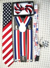 US Flag American Flag Suspenders,Lanyard,Tie &Red,White,Blue Stripes Bow Tie-v9