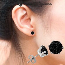 Pair of Surgical Steel 6-Prong Round Cut Black Diamond Stud Earrings For Women