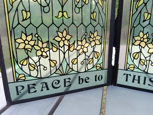 Vintage Bifold Buntglas mit Zitat "Friede sei mit diesem Haus" grüne Blumen - Bild 4 von 19