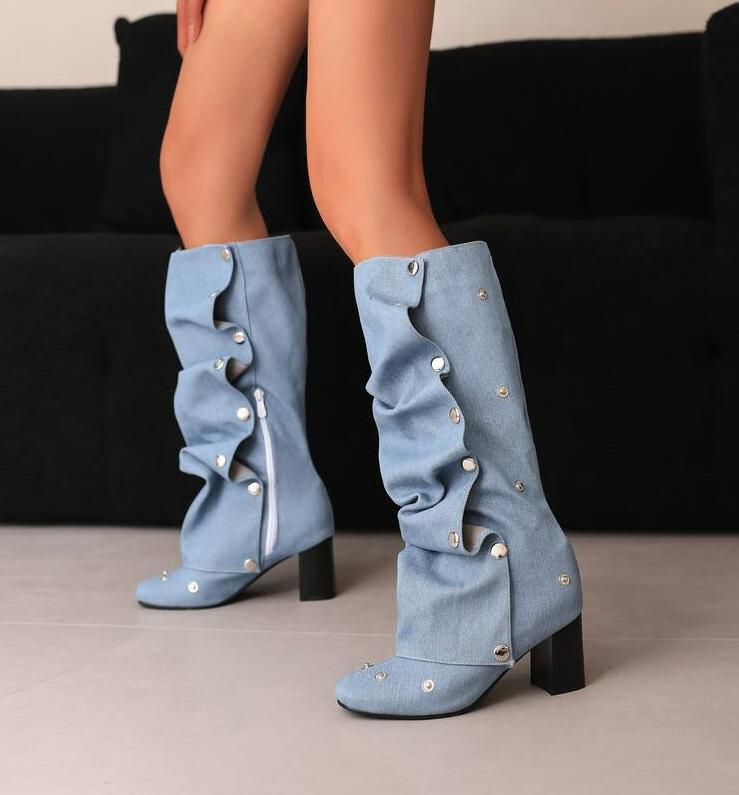 Calf Boots Denim Knee High Boots Women Square Toe Block Heel