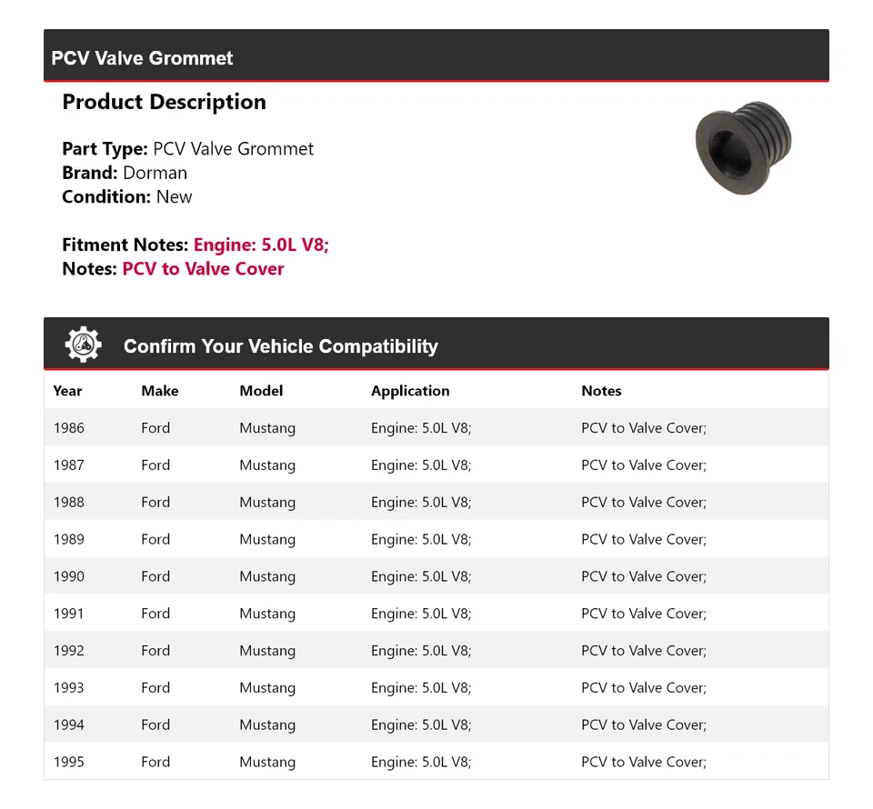 Para Ford Mustang 1986-1995 5,0 L V8 Dorman PCV ojal de válvula 1987 1988 1989 1990 Foto 2 de 4