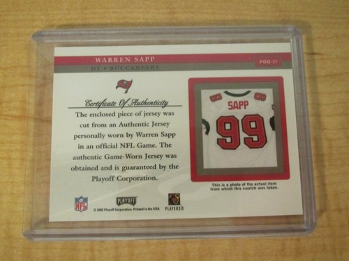 2002 Playoff Piece of the Game Warren Sapp Jersey Card #POG-57 - Picture 2 of 2