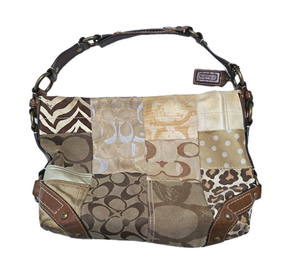 Coach Carly 10814 Y2K Patchwork Signature Hobo Shoulder Bag Brown Tan Canvas