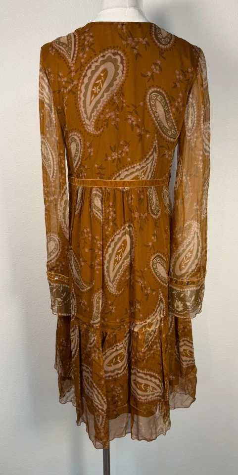 Blugirl Blumarine Silk Paisley Boho Luxe Dress Long Sleeve Brown Italy Sz 44 Y2K - Image 3 of 4