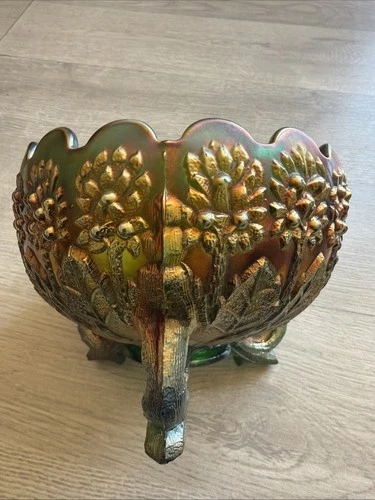 Super Pretty Green Fenton Carnival Glass Orange Tree Pattern Rose Bowl