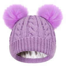 Girls Double Pom Pom Beanie Fleece Lined Thick Knit Winter Hat Ages 3-9