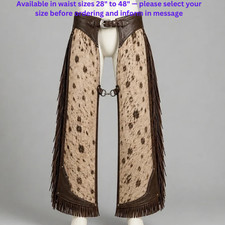 Cow Print Fringe Chaps Women Brown Cream Leather Western Riding Costume Overpant