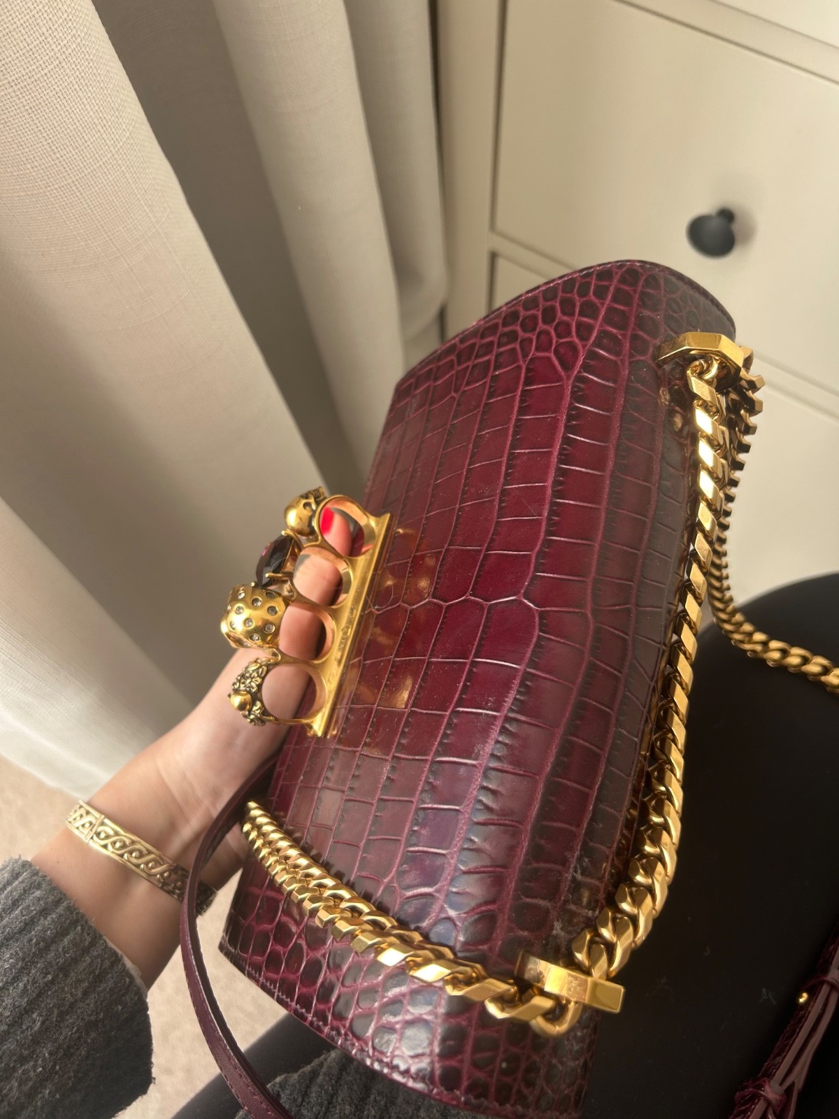 Alexander McQueen Croc Burgundy Leather Handbag, with iconic jewelled detailing image 6
