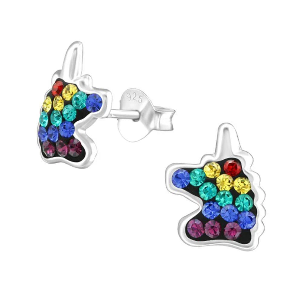 Sterling Silver Rainbow Unicorn Stud Earrings with Crystals
