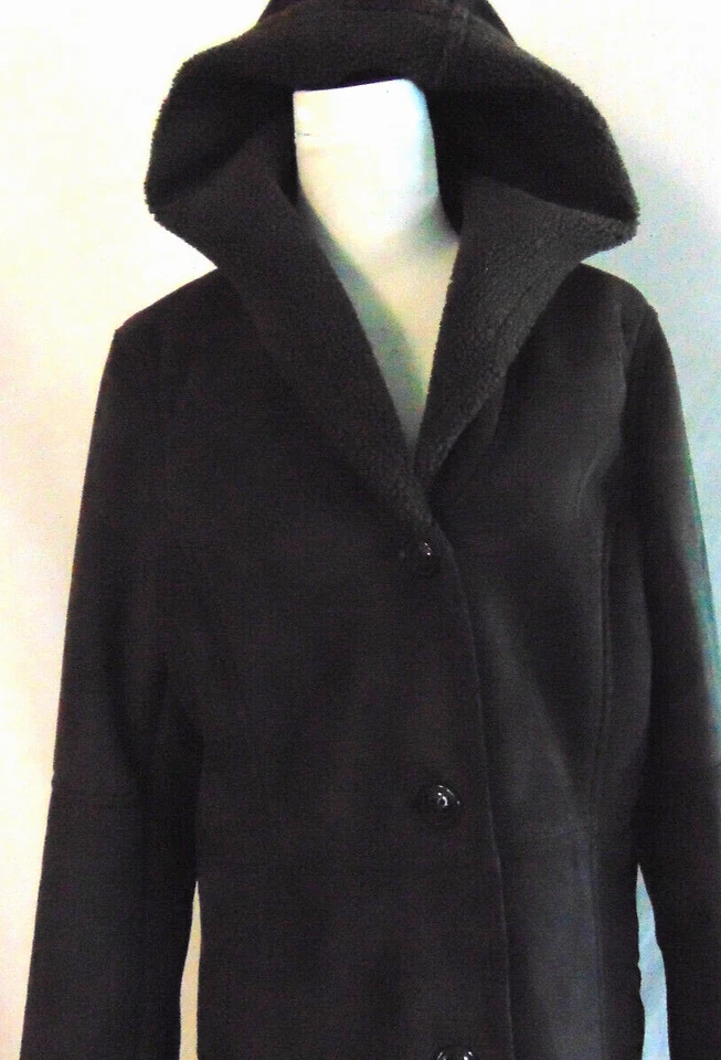LANDS' END WOMENS FAUX SUEDE BROWN PARKA COAT HOODED JACKET SHERPA LINING SZ M - Image 3 of 4