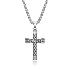 Men's Silver Tone Necklace Vintage Religious Cross Stainless Steel Pendant Chain