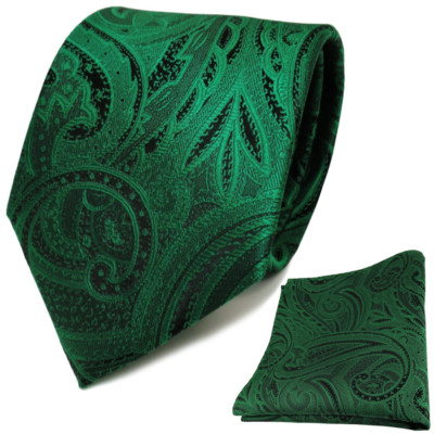 schöne TigerTie Krawatte + Einstecktuch grün smaragdgrün schwarz Paisley