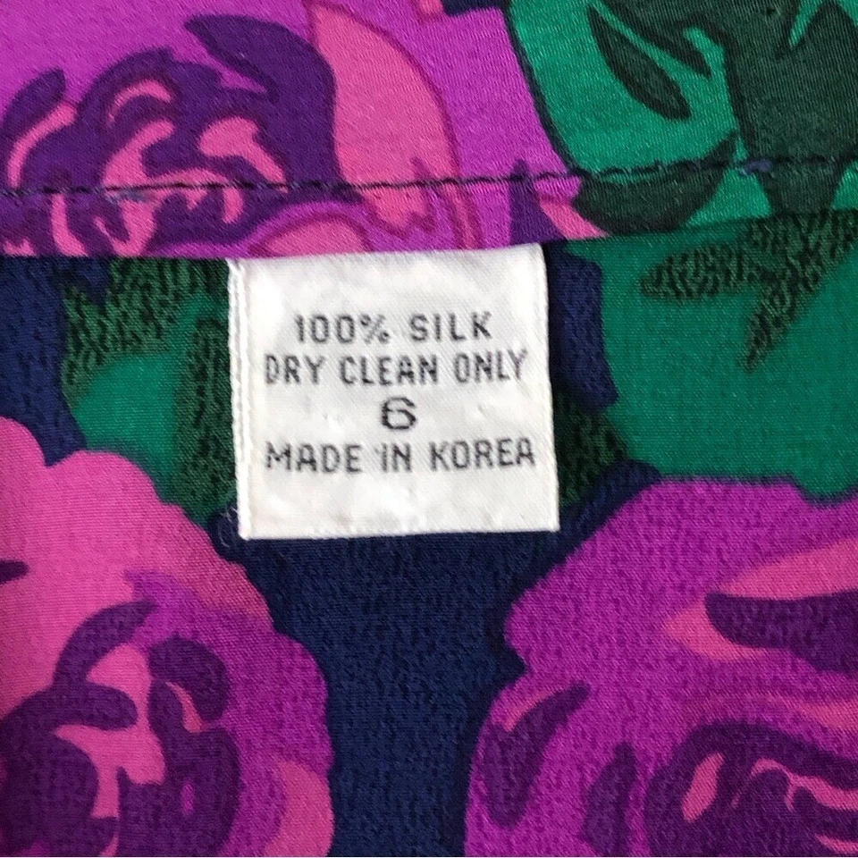 Falda midi plisada 100 % seda vintage años 80 talla 6 azul marino púrpura verde floral  Foto 3 de 4