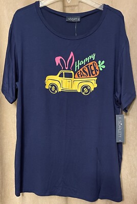NWT Scarlett Happy Easter Vintage Truck Short Sleeve Navy Blue Shirt XL $18