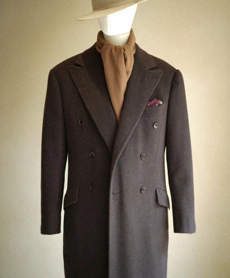 Abrigo largo vintage marrón 100 % cachemir para hombre de doble botonadura Foto 3 de 4