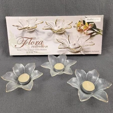 Lily Flower Votive Tea Light Holder Glass Gold Rim 5.5" Flora Collection Set 3