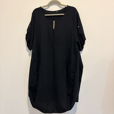 Women s Black Linen Shirt Dress , Balloon Skirt Size XL Pockets Lagenlook Boho