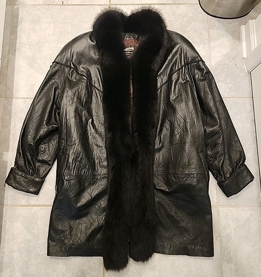 Vtg Angelo's Leather Fox Fur Trim Coat Sz L