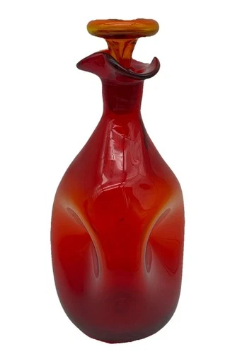 Vintage Blenko Glass Red Orange Pinched Decanter With Stopper Winslow Anderson
