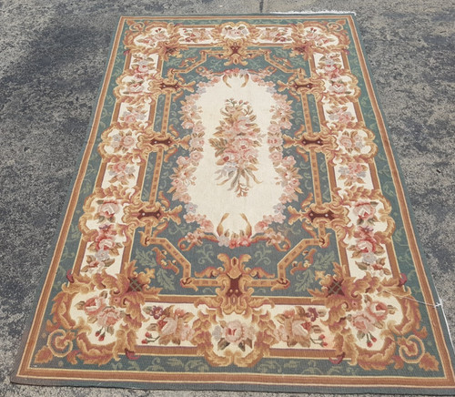 Vintage French Floral Needlepoint Handmade Multicolor Rug Wool Carpet 176x112 cm