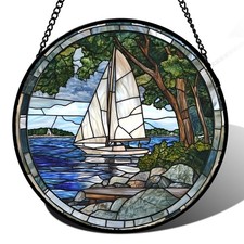 Stained Glass Window Hanging Blue Ocean White Sailboat 9.8" - Nature Suncatch...
