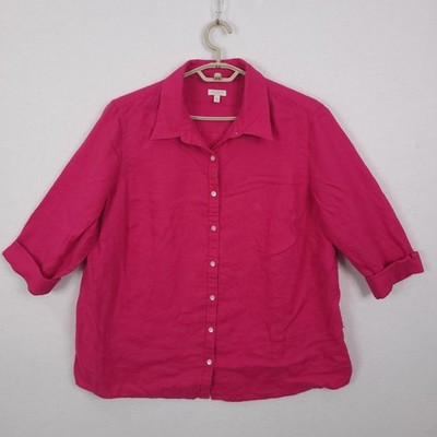 Talbots Button Up Shirt Womens 18W Plus Pink Linen 3/4 Sleeve Collared Top