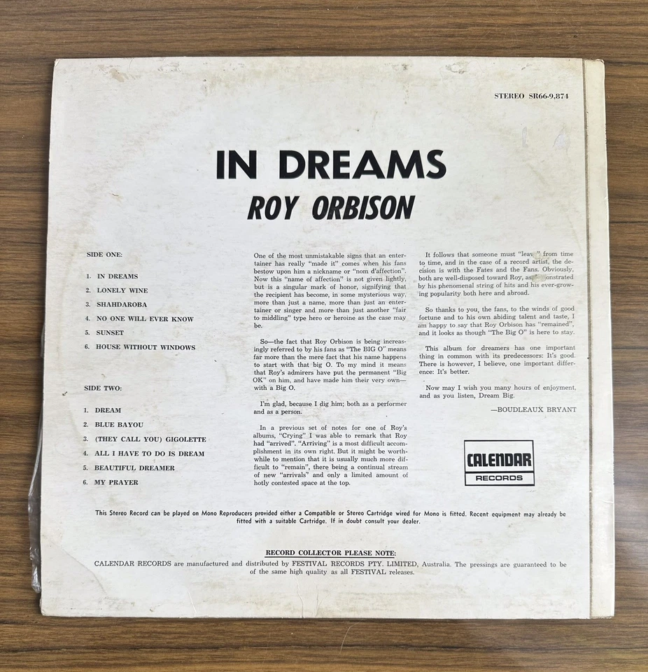 Roy Orbison- In Dreams 1963 Monument/Calendar Records Festival SR66-9874 - Image 2 of 4