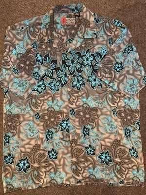 Pineapple Connection Mens L Gray Blue Hawaiian Short Sleeve Button Up Shirt