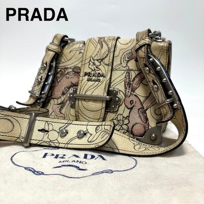 PRADA Cahier Rabbit Print Mini Crossbody Bag White Leather Silver Authentic Used