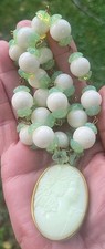 SALE! VINTAGE URANIUM LADY CAMEO PENDANT 1930'S URANIUM GLASS BEAD NECKLACE SET