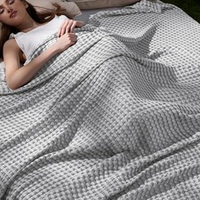 Cooling Waffle Blanket Grey Queen Size 90x90 Inch Breathable Lightweight Bedding