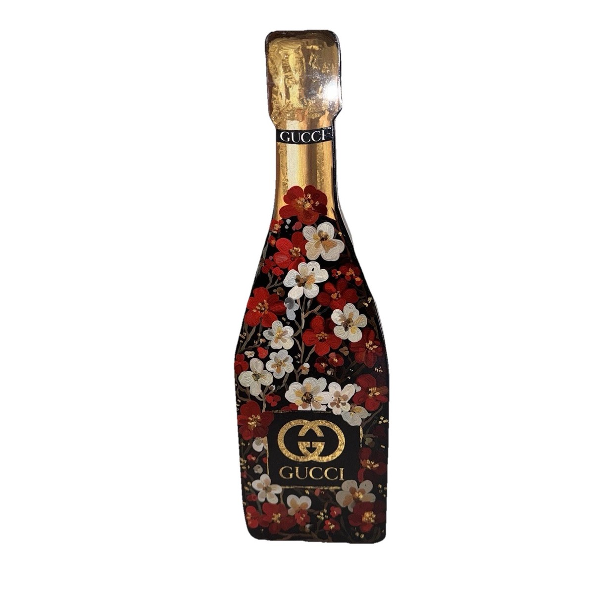Gucci Wine Bottle Wooden Replica Champagne Gold Red Flowers Home