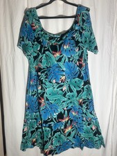 VTG Hilo Hattie Ruffle Blue Bird Of Paradise MIDI Hawaiian MuuMuu Dress Size 1X