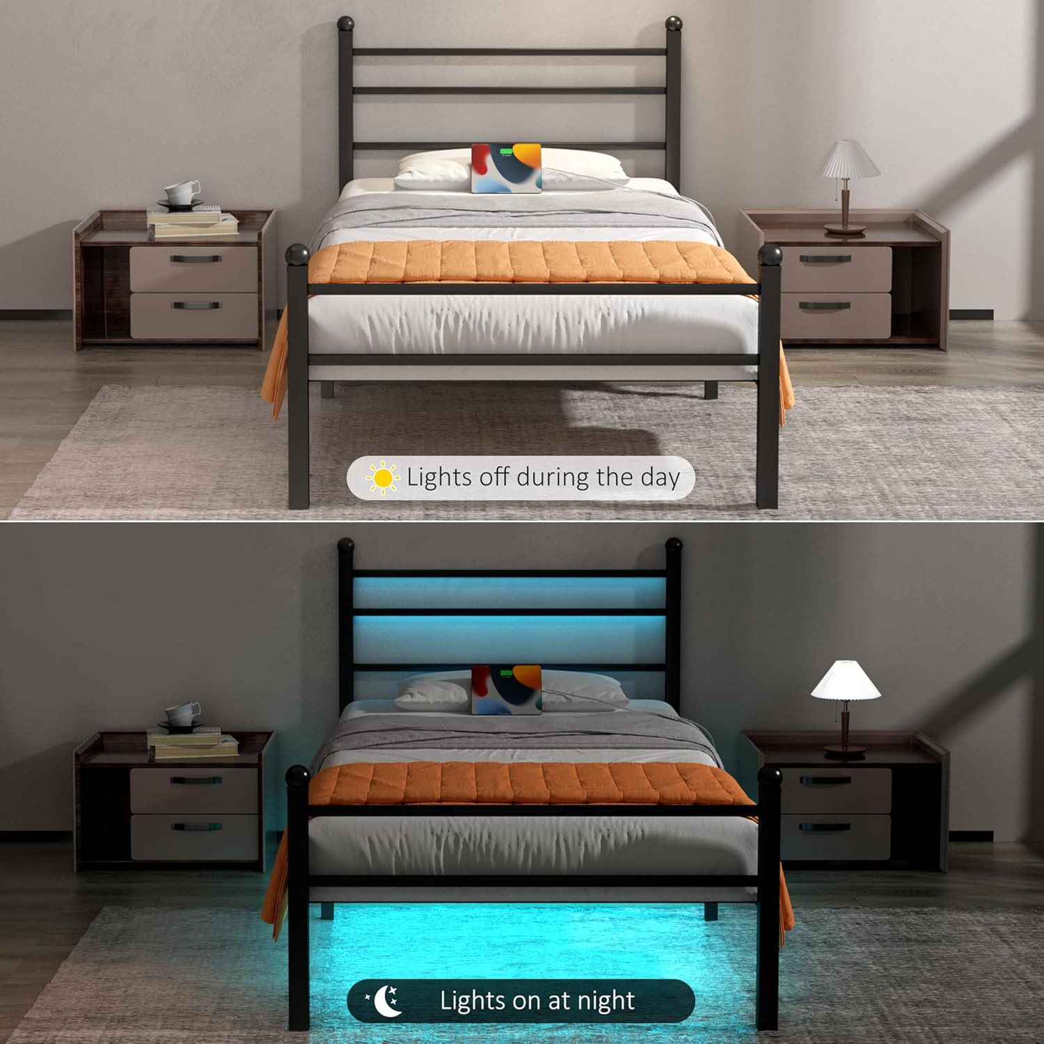 Metal Platform Twin Bed Frame with LED Lights, Charging Station, Headboard, Heav
