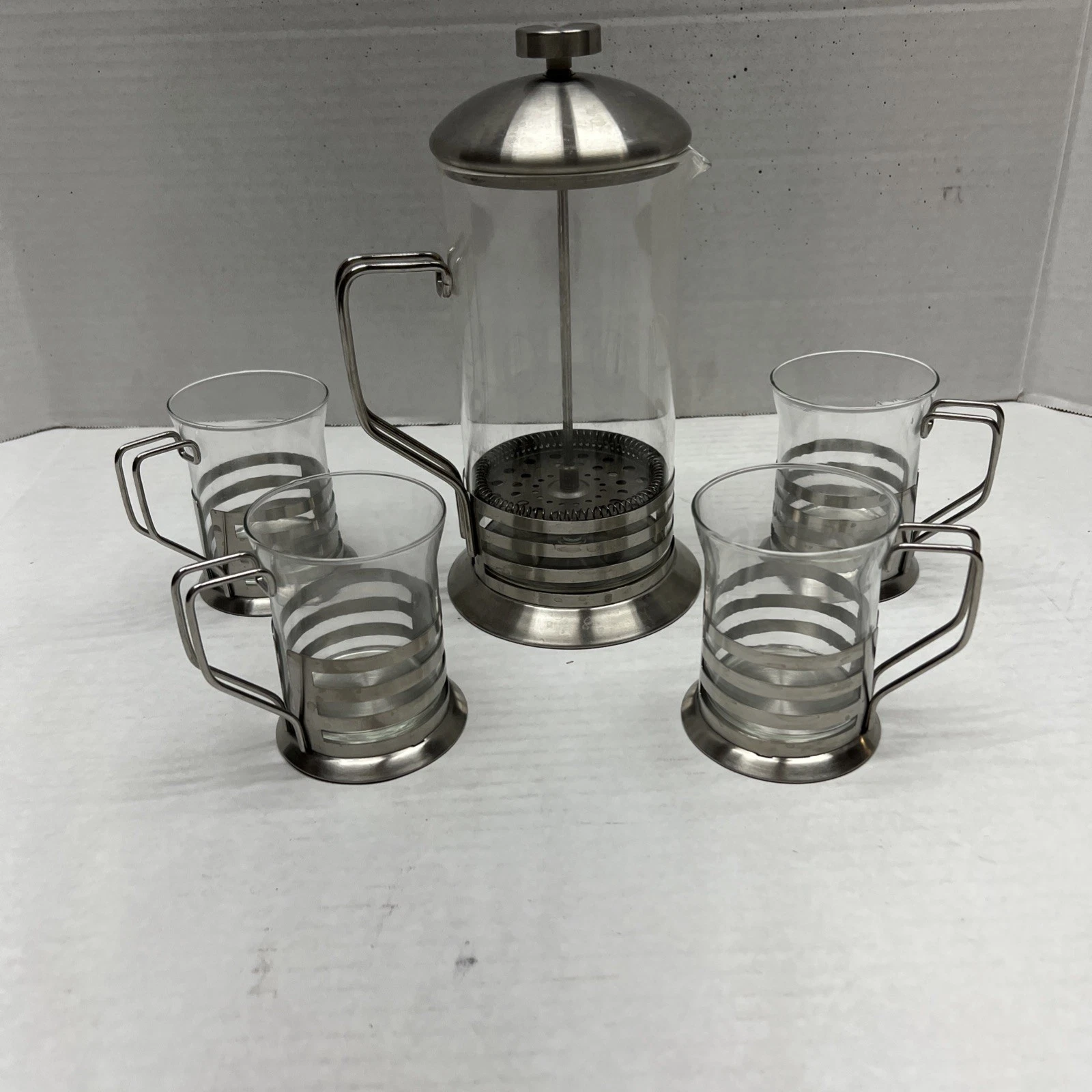 Gourmet French Press Coffee Maker Glass Stainless Steel Set with 4 Matching Cups