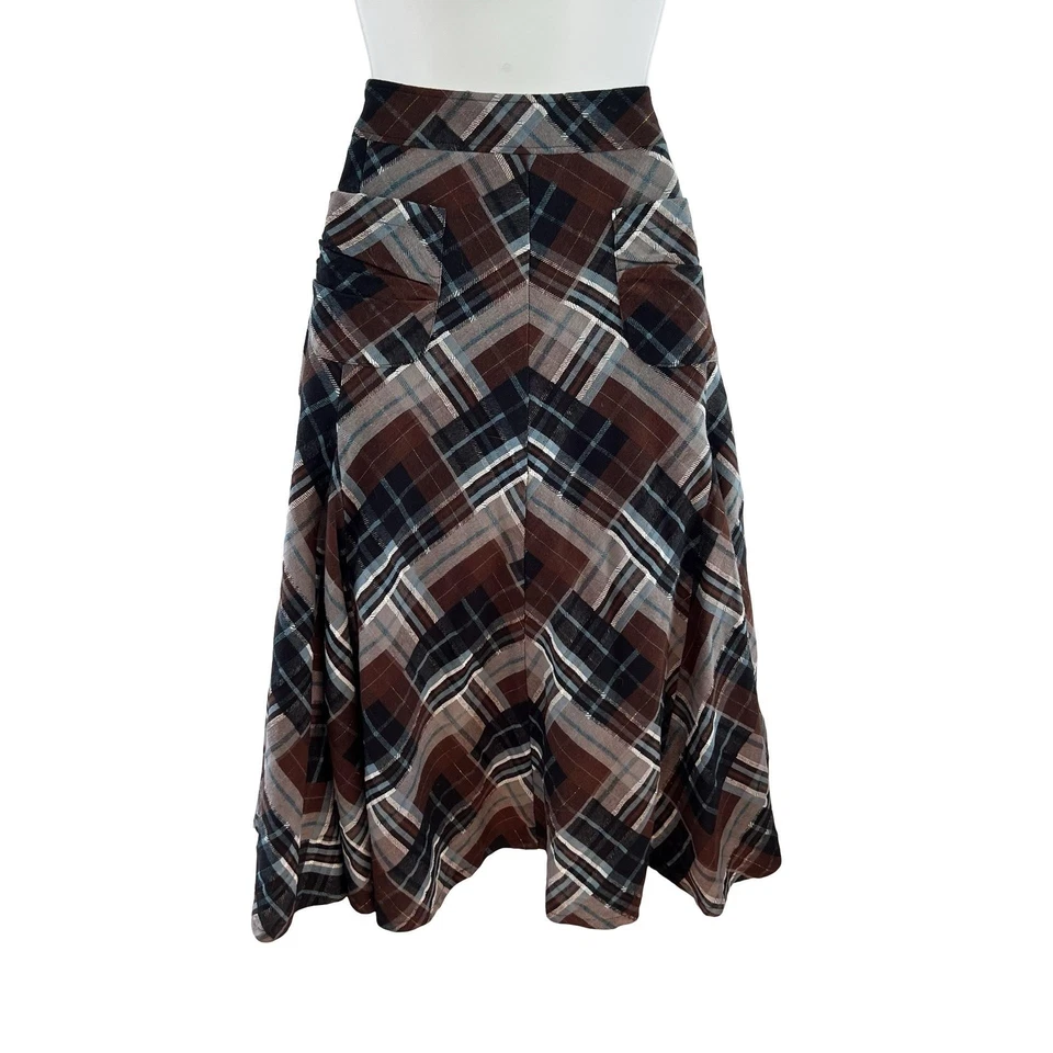 Falda Tahari Mujer Mediana Marrón Azul Cuadros Línea A Midi Forrada Bolsillos Cinturón Foto 3 de 4