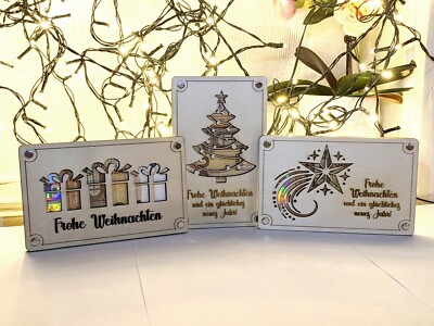 Geschenkkarte aus hellem Holz  Frohe Weihnachten    3 Weihnachtliche Motive