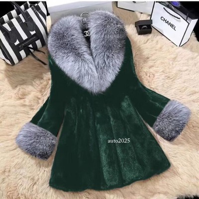 Autumn Winter Faux Mink Fur Collar Mid Long Trench Coat Overcoat Outwear Fashion