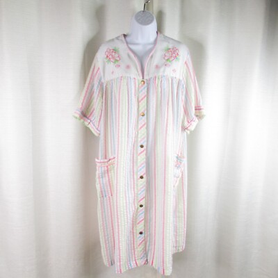 Secret Treasures Retro House Dress Seersucker Pastel Stripes Size L Embroidery