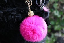Fur Pom Pom Key Chain Purse Charm Bag Charm Key Fob in Fuchsia, NEW