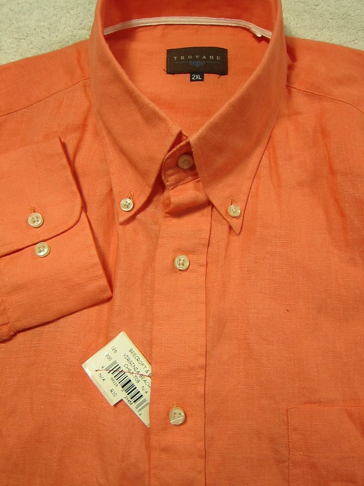 NWT Trovare Solid Bright Orange Long Sleeve Linen Shirt 2XL 17.5x38 NEW