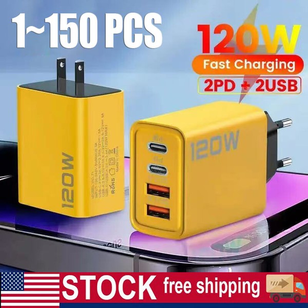 120W 4-Port USB C Fast Wall Charger Block For All Cell Phone iPad Lot