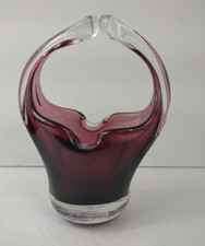 Sommerso Murano Style Art Glass Freeform Basket Vase Purple handblown 8" tall