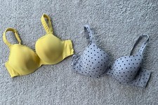 Lot of 2 Cacique Bra Size 42C Lightly Lined T-Shirt Bra Yellow Gray Polka Dot