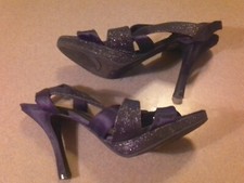 Fioni Night Black Satin/Glitter Womens Size 8 Slingback Open Toe- 4.5 in. Heels